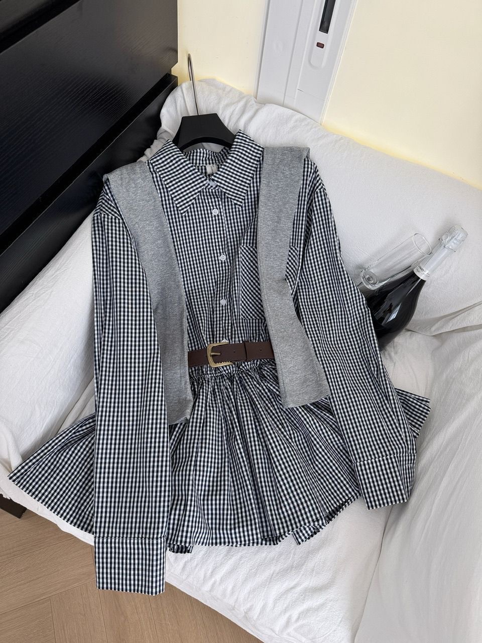 日系女孩の格子撞色洋裝+連帽披肩（送腰帶）