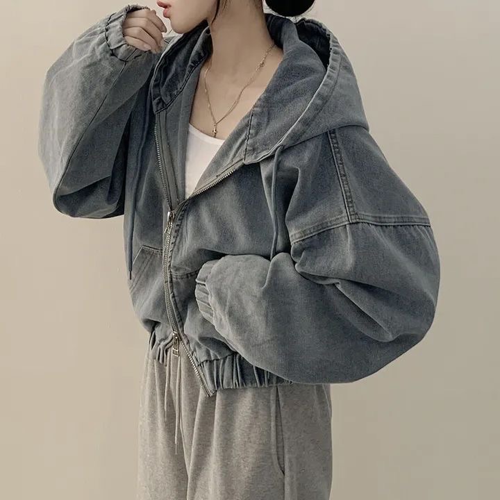 本期摯愛💘復古雙向拉鏈連帽短版牛仔外套
