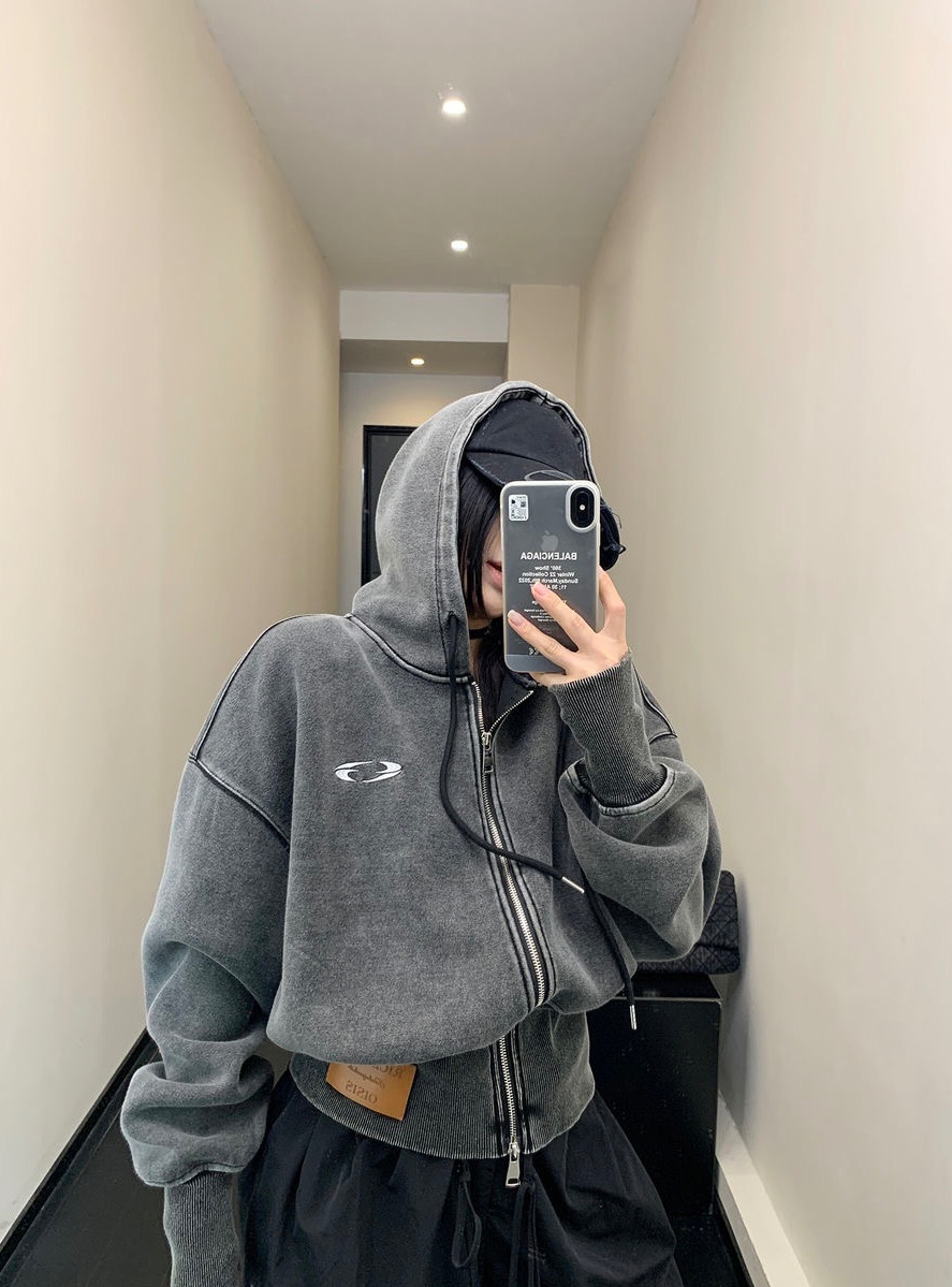 設計感皮標雙拉鏈短版連帽外套🐈‍⬛🖤