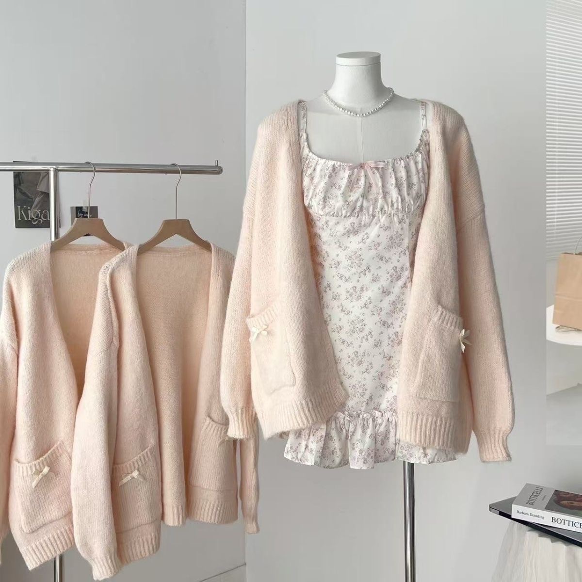 最浪漫的套裝🌷後綁帶碎花洋裝+水貂毛針織外套兩件套