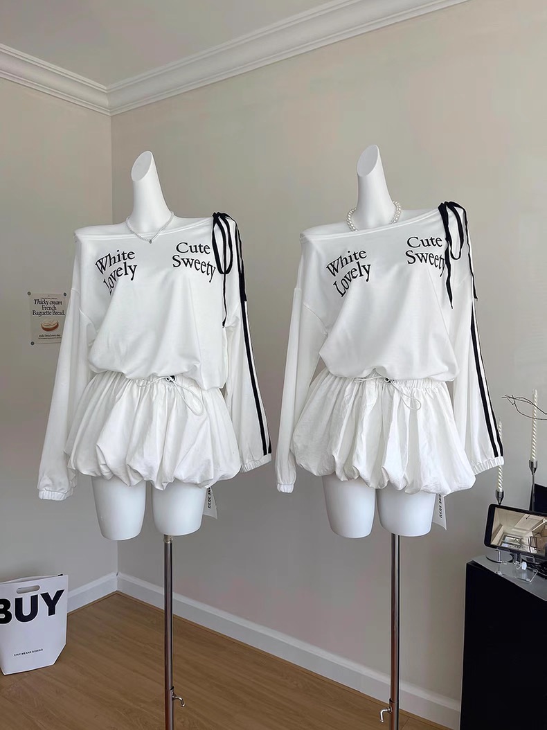 歐膩斜肩雙線蝴蝶結抽繩澎澎花苞洋裝🥛🤍