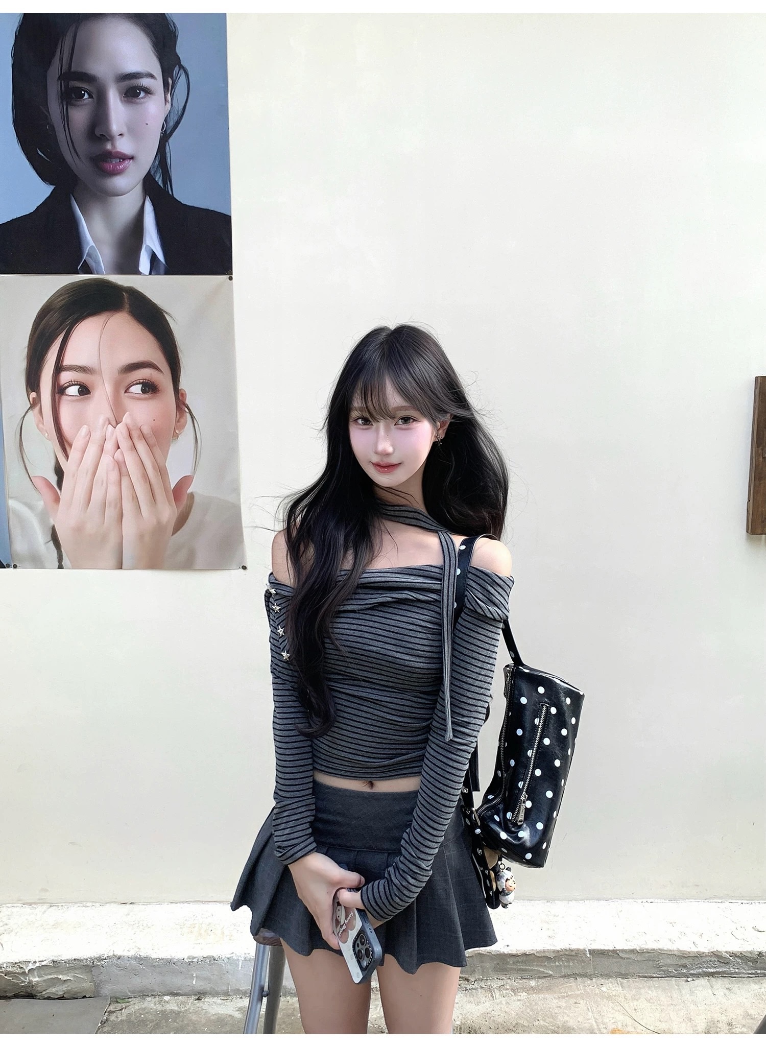 歐膩小姐姐🩶條紋一字領修身上衣+繞脖飄帶