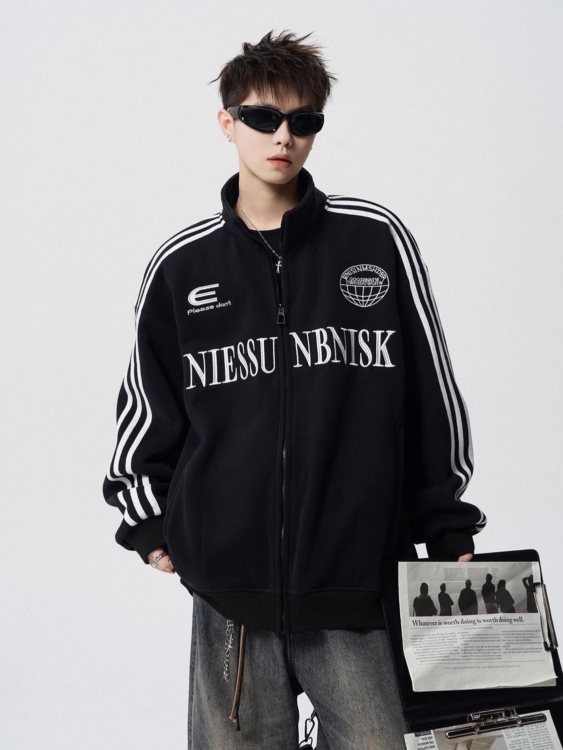 男女都能穿💗美式字母刺繡立領寬鬆外套