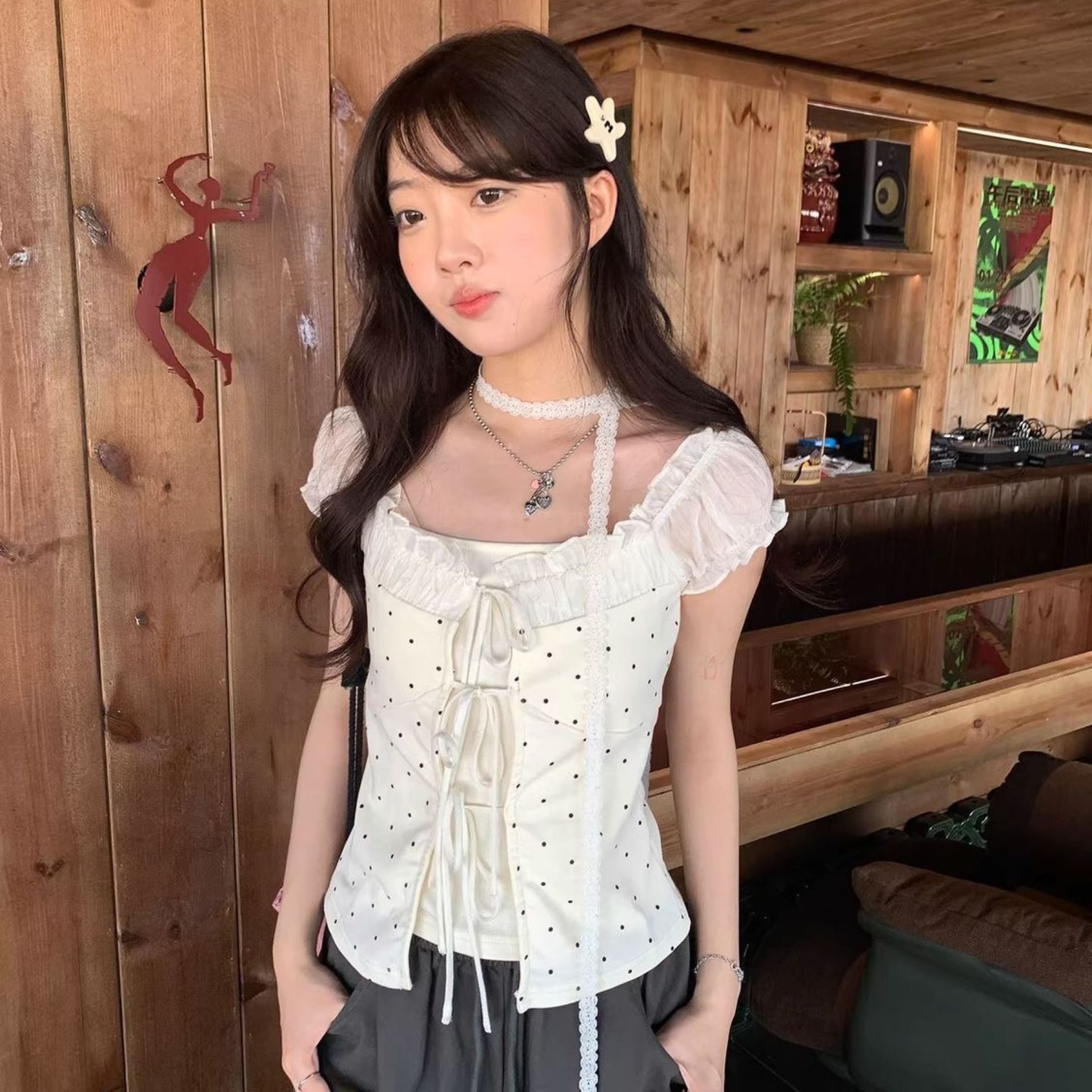 韓系溫柔波點花邊假兩件綁帶上衣+飄帶