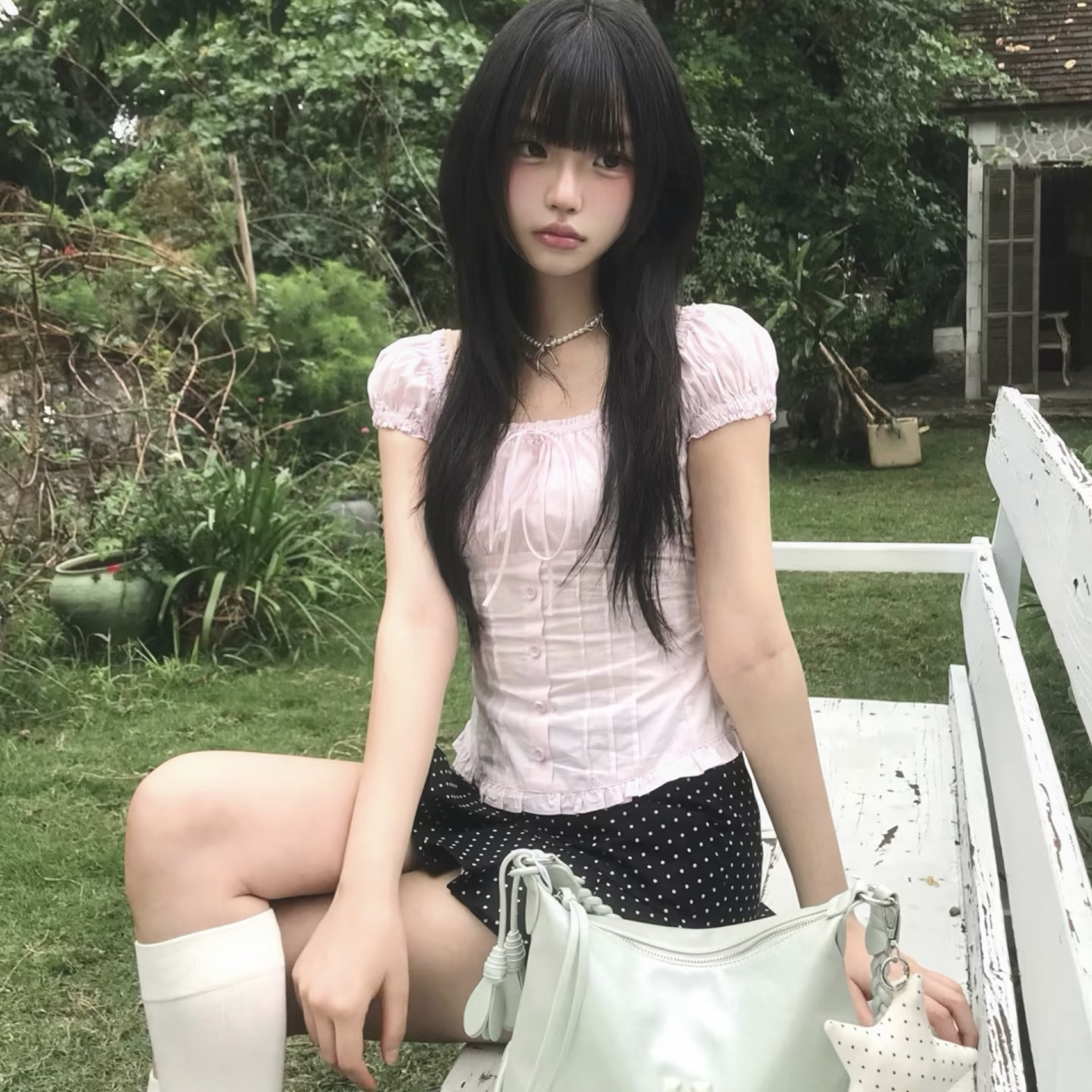 約會套裝💗韓系方領後綁帶蝴蝶結修身上衣+波點半百褶短裙 兩件套裝