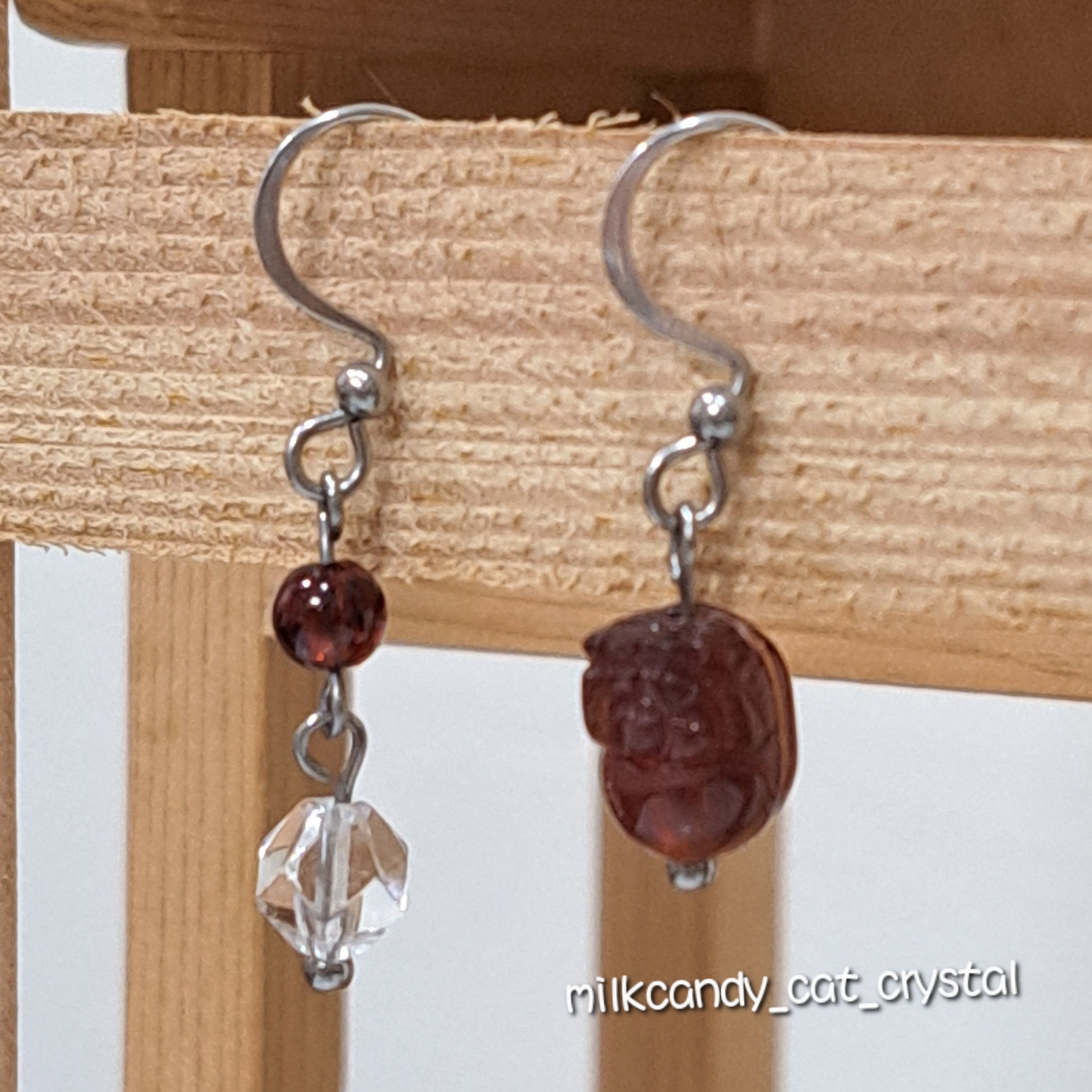 橙紅石榴貔貅耳環 珍珠款/白水晶款 醫療鋼耳勾 免費改夾