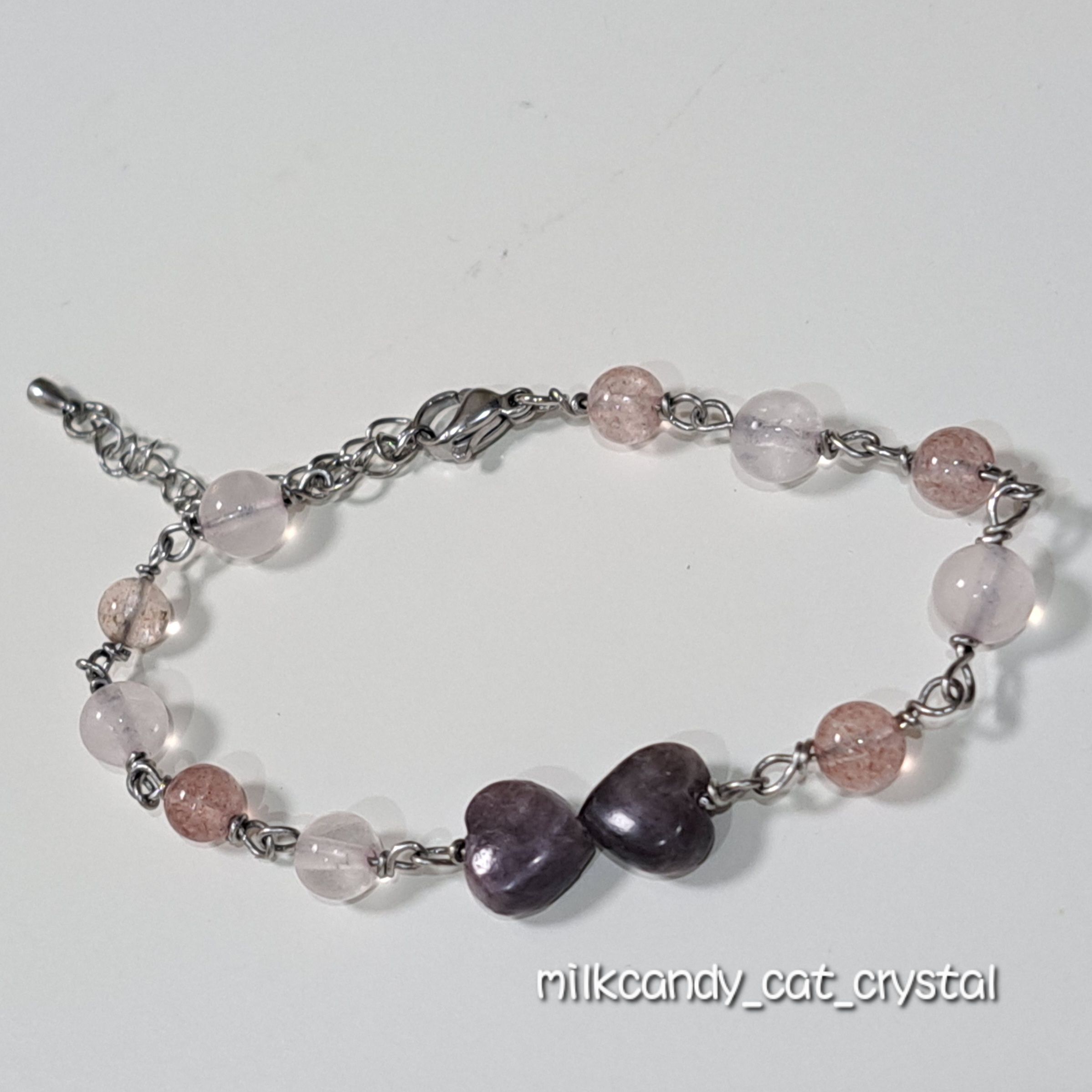 甜酷紫蝶 紫鋰雲母 粉晶 草莓晶 不鏽鋼水晶手鍊