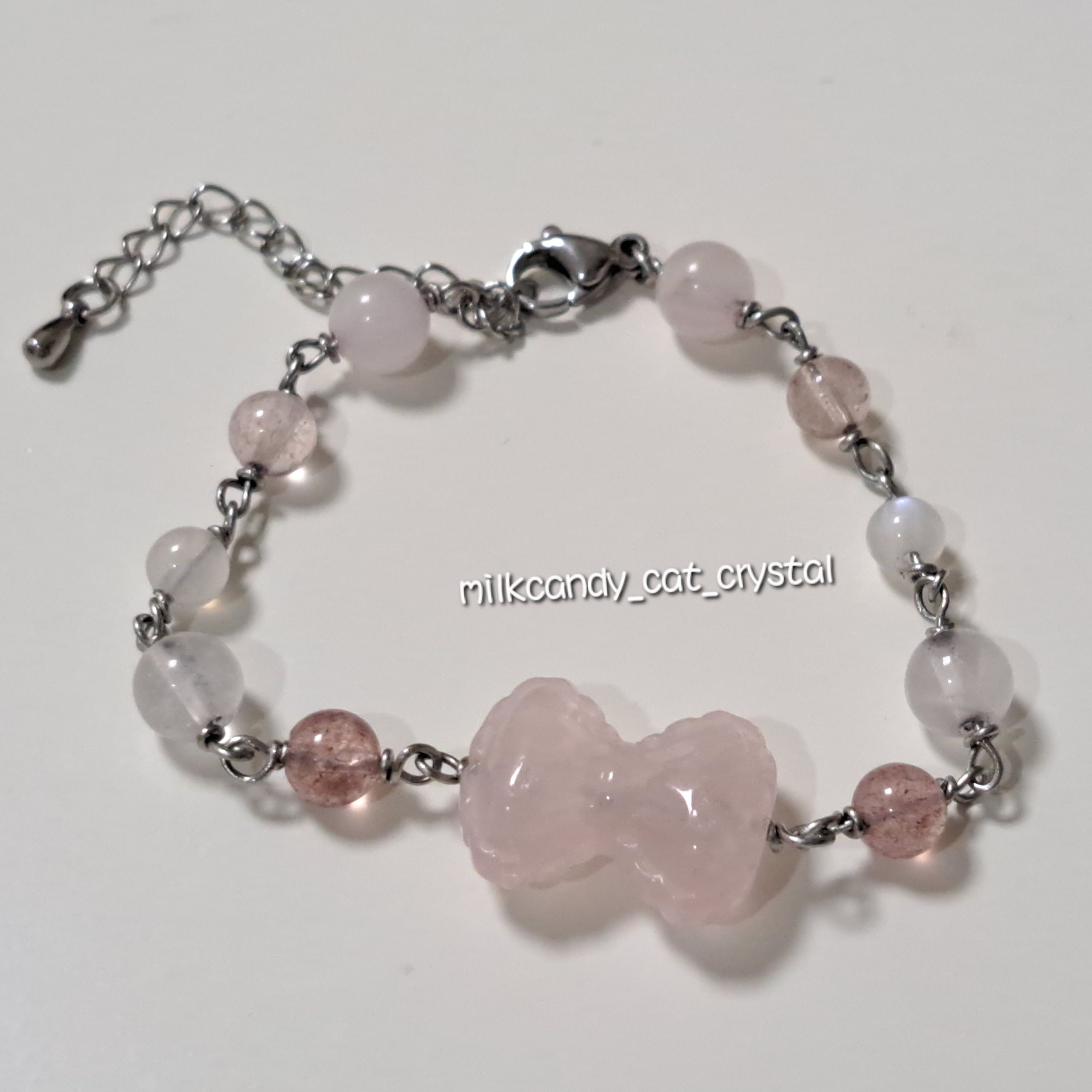 夢幻粉蝶 粉晶 草莓晶 月光石 不鏽鋼水晶手鍊