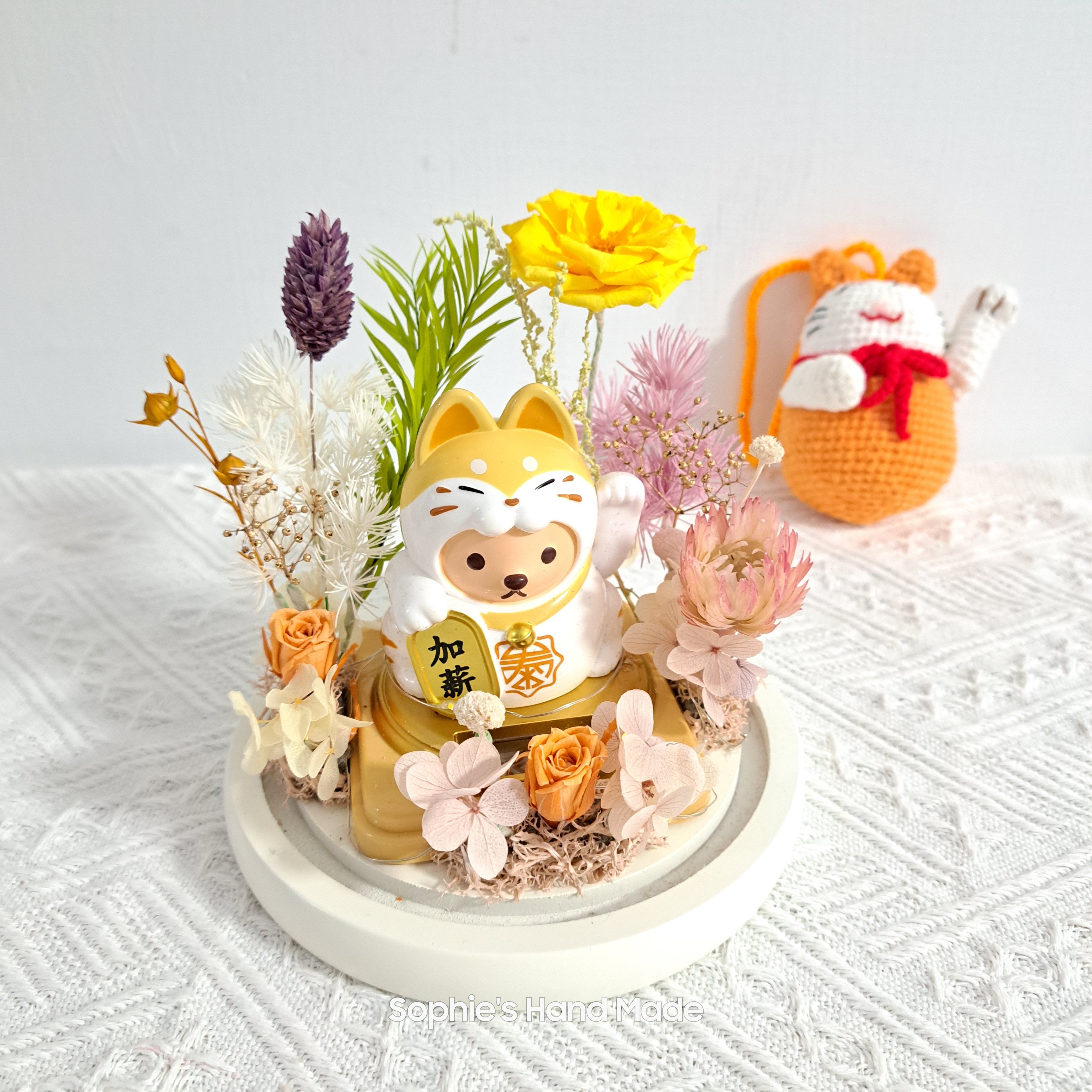 客製化商品請先私訊 永生花 太陽能招財柴犬＆貓咪玻璃盅 串燈款 附提袋