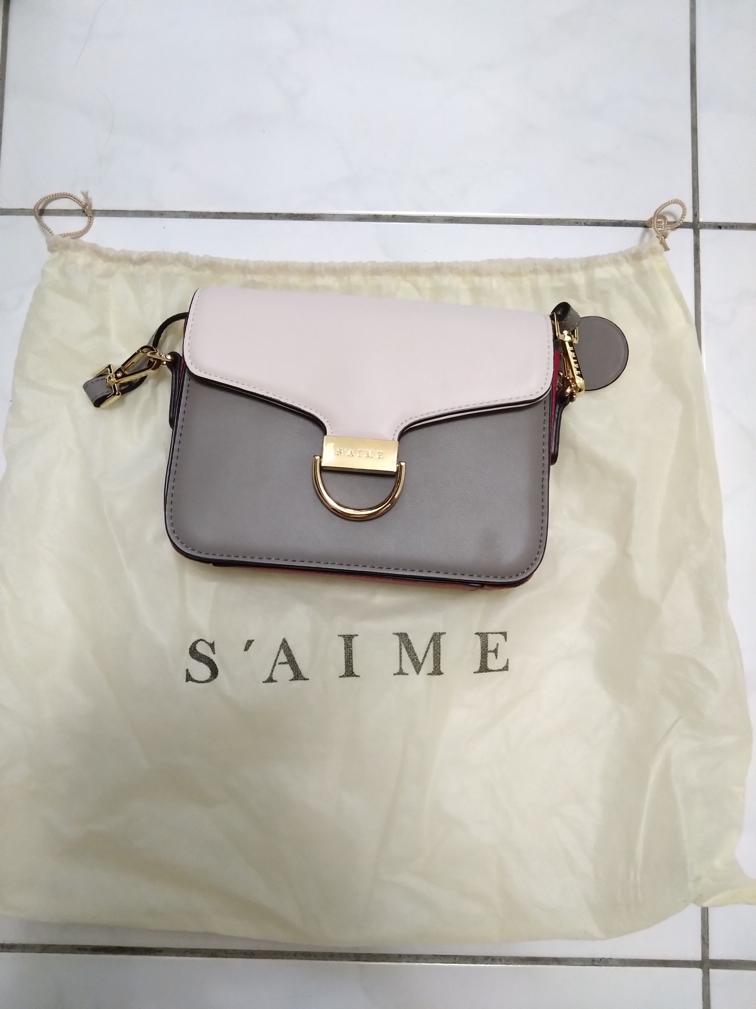 S’AIME 東京企劃 真皮多隔層 小方包 撞色 灰 粉 紅 手提包 可拆肩帶 全新