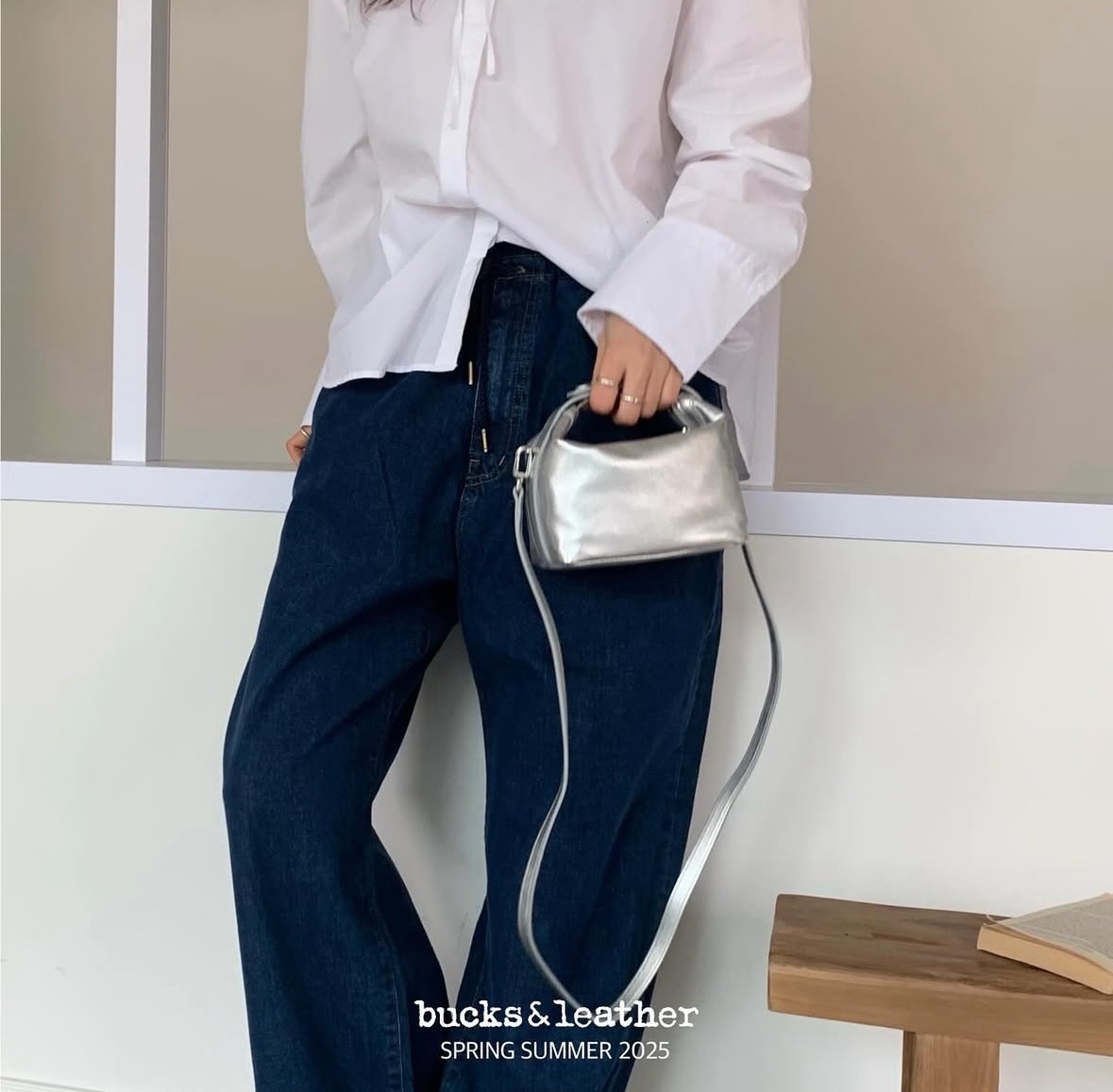 Bucks＆leather小方包銀色