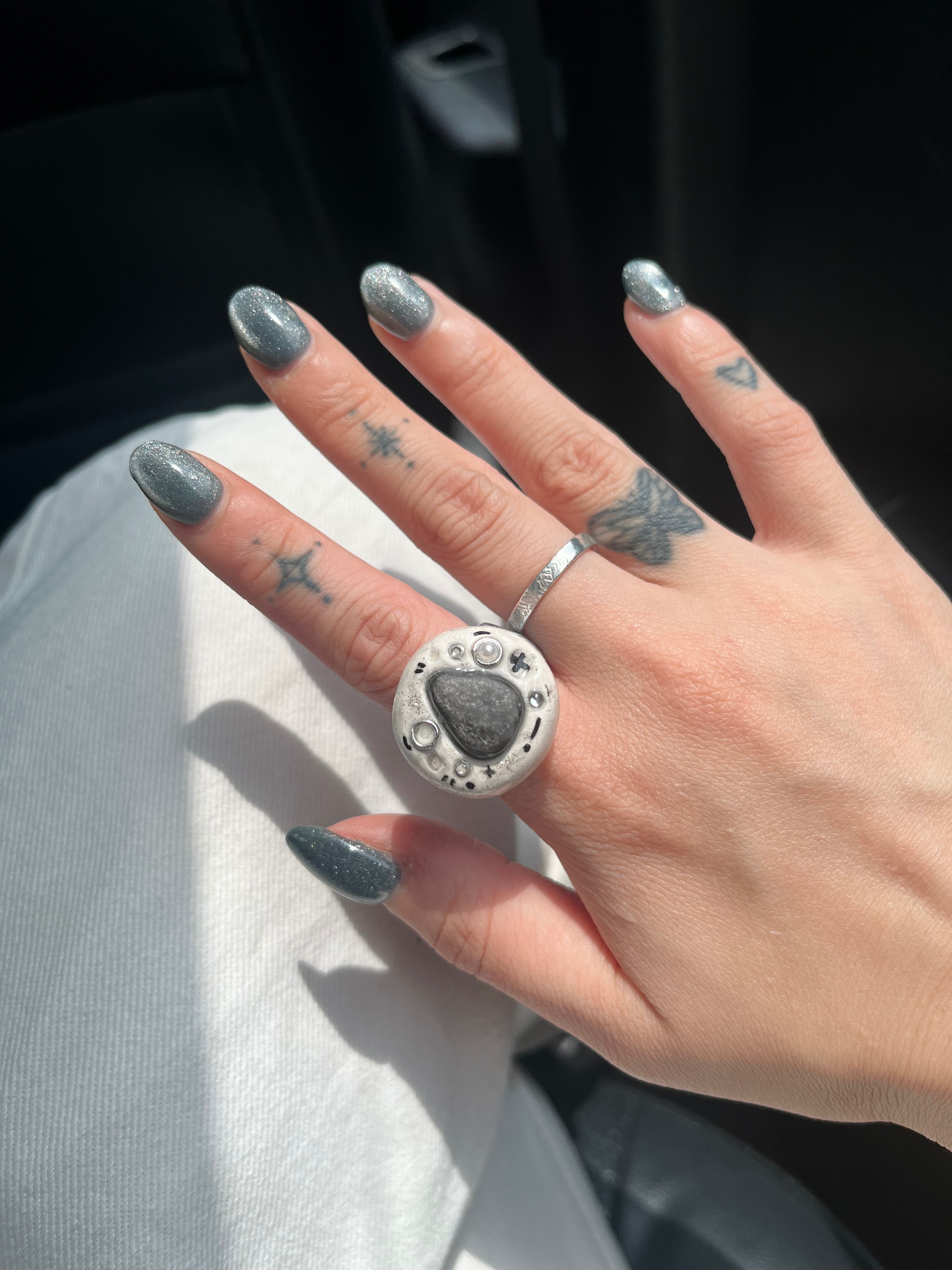 黑曜石戒面+大理石黑白戒圈