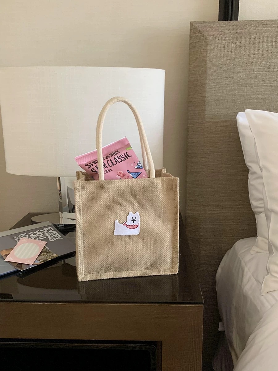 白狗小標亞麻手提袋