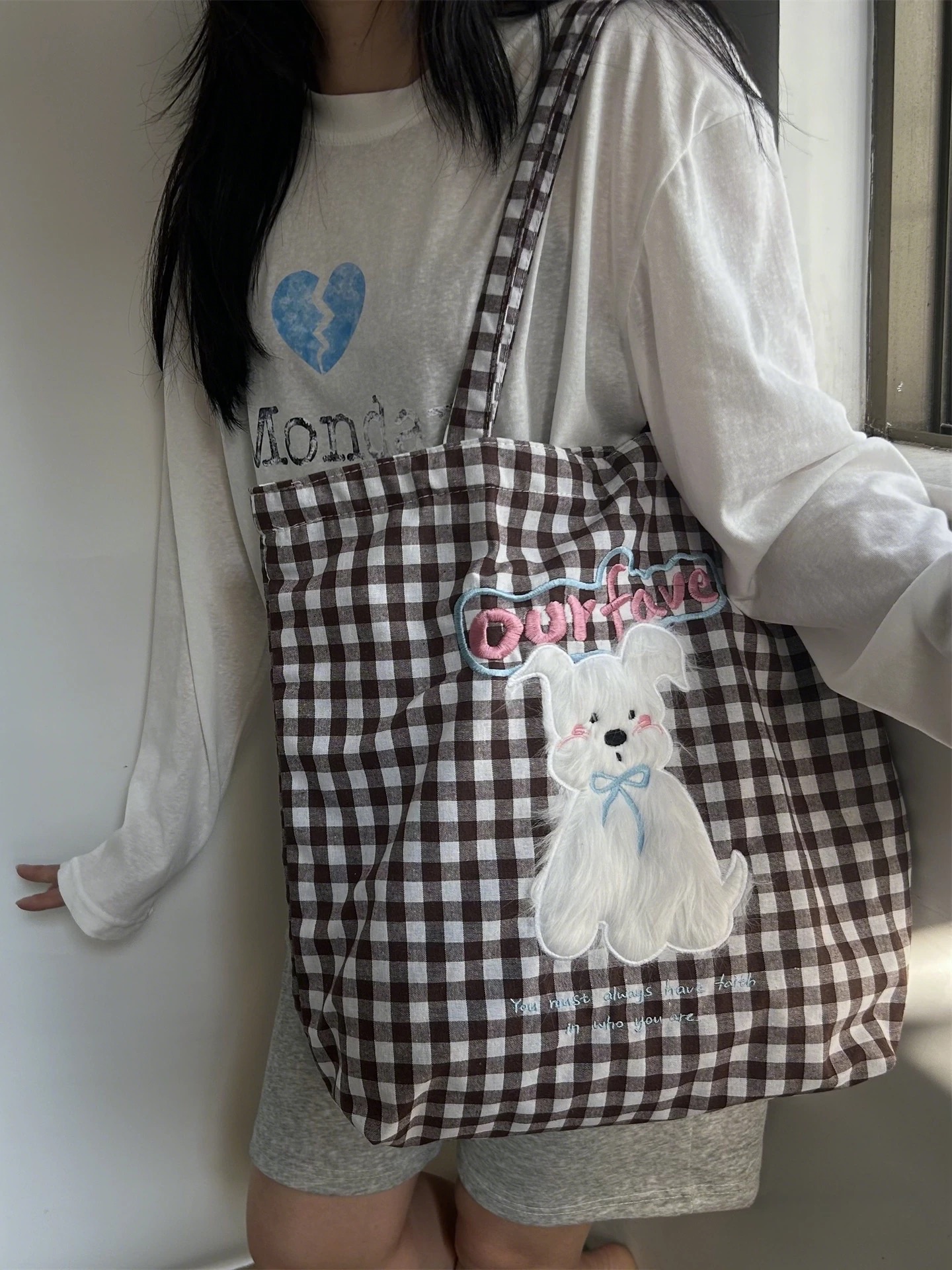 韓系復古格子小狗帆布包
