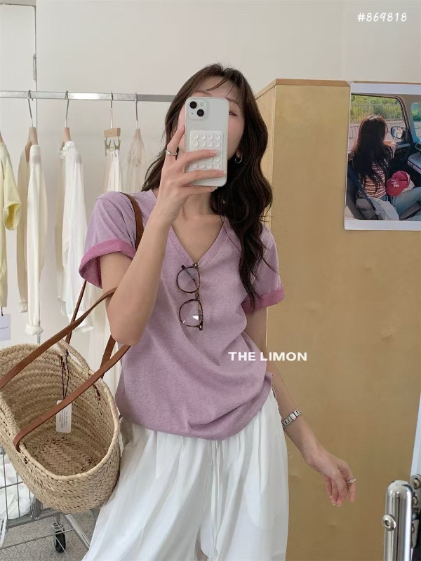 好日子GOOD DAY║8698 TheLimon V領拼接捲邊棉質短袖