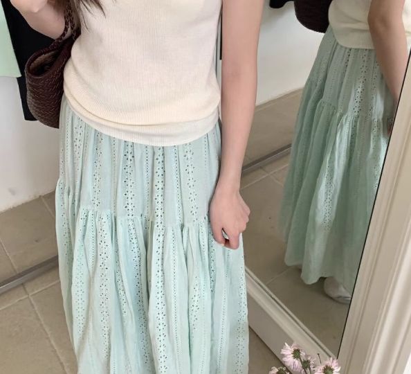 W法式蕾絲抓褶長裙3色SML25春0501A03