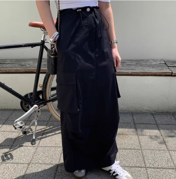 W帥氣工裝風抽繩口袋窄裙長裙3色25春0501A05