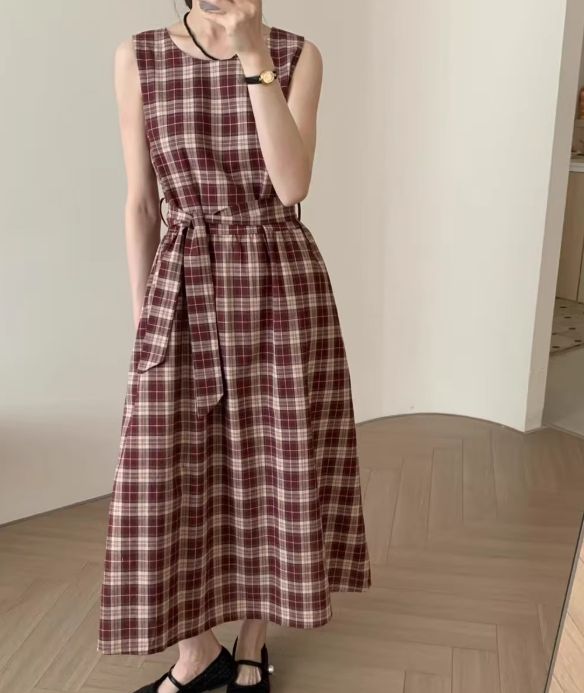 W復古格紋撞色收腰綁帶洋裝4色25春0501A13