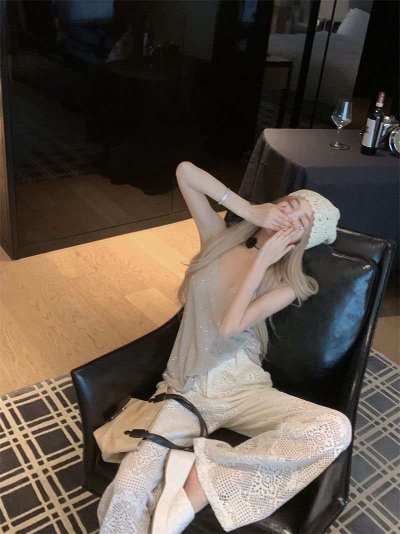 W輕奢亮片背心+縷空雕花蕾絲寬褲/套裝25春0515F02