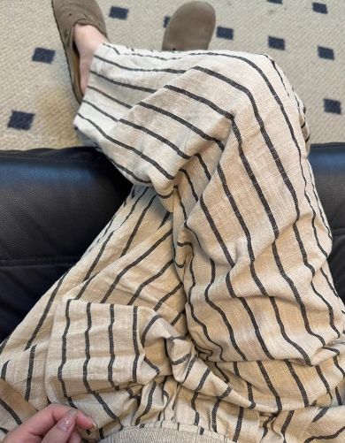 W涼夏必備慵懶鬆弛感亞麻闊腿褲黑杏條紋S~XL25春0515A12