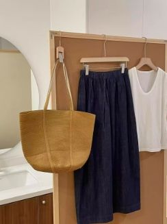 W鬆弛感亞麻牛仔抽繩闊腿褲ML25春0515A13