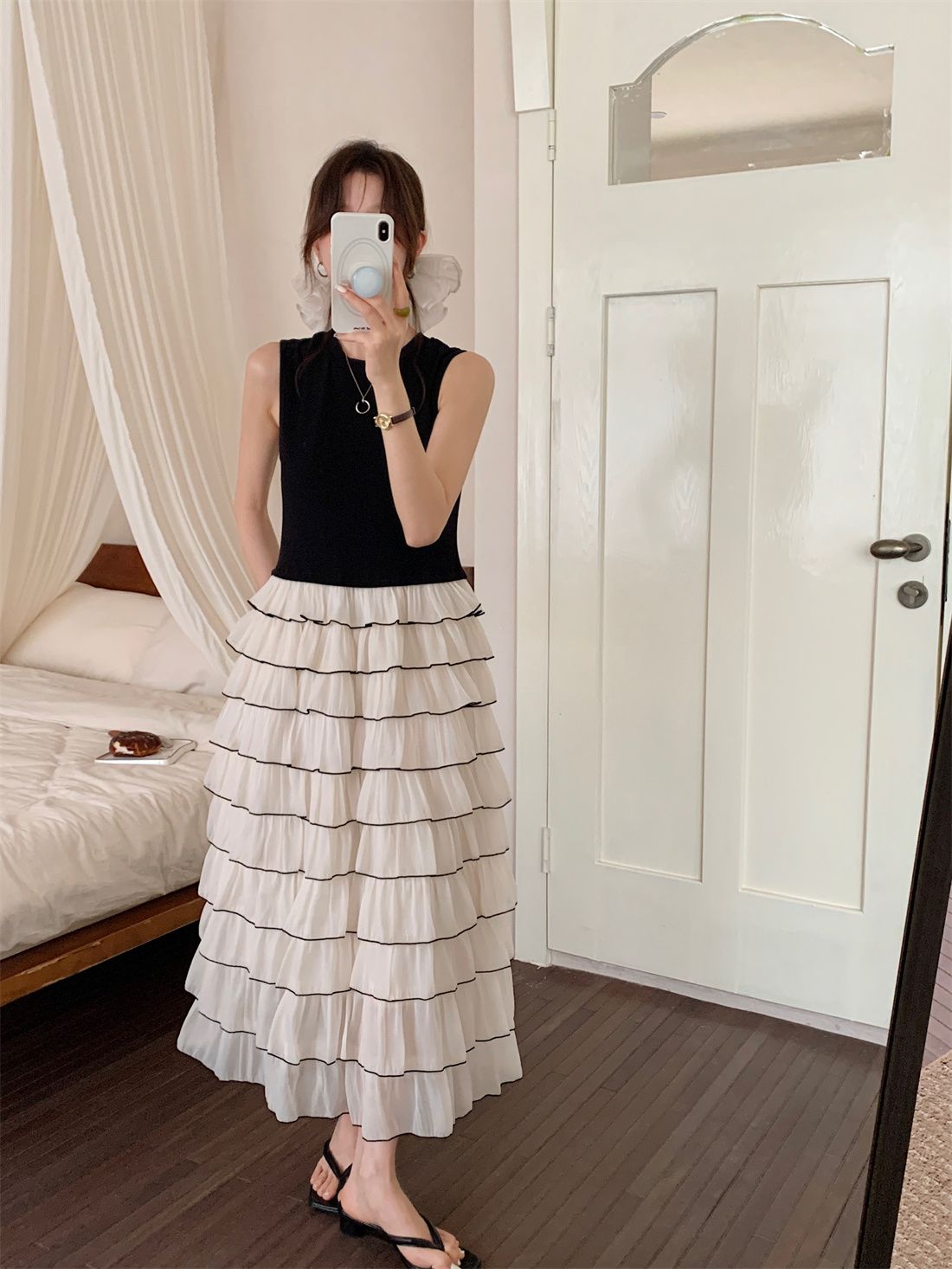 W法式配色滾邊蛋糕裙洋裝25春0529F01