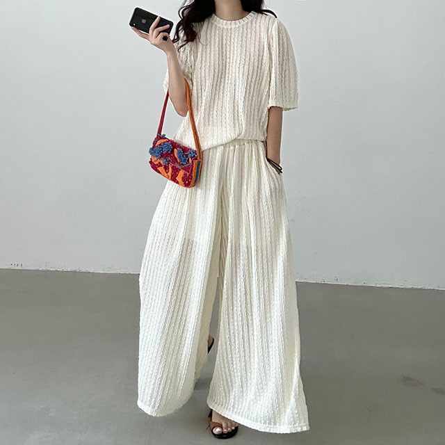 W特殊布料花邊棉T+寬褲/套裝*2色25春0529F04