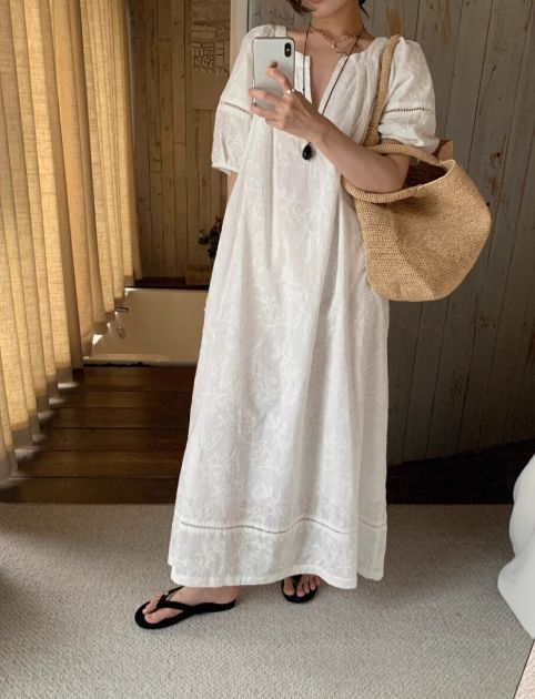 W法式V領重工蕾絲滾邊洋裝*白25春0529A01