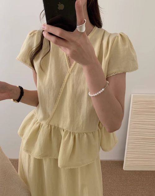 W溫柔荷葉滾邊襯衫+荷葉邊長裙套裝*3色25春0529A04