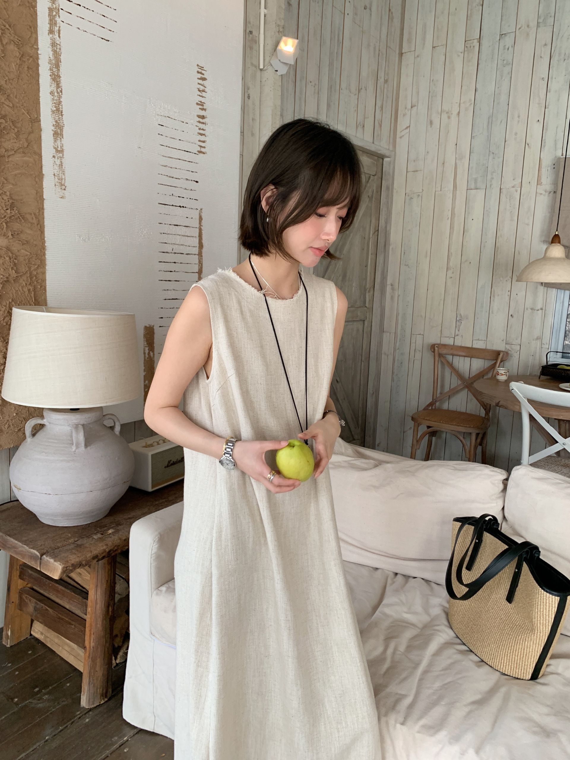 W鬆弛感造型鬚邊棉麻洋裝*2色25春0612F02