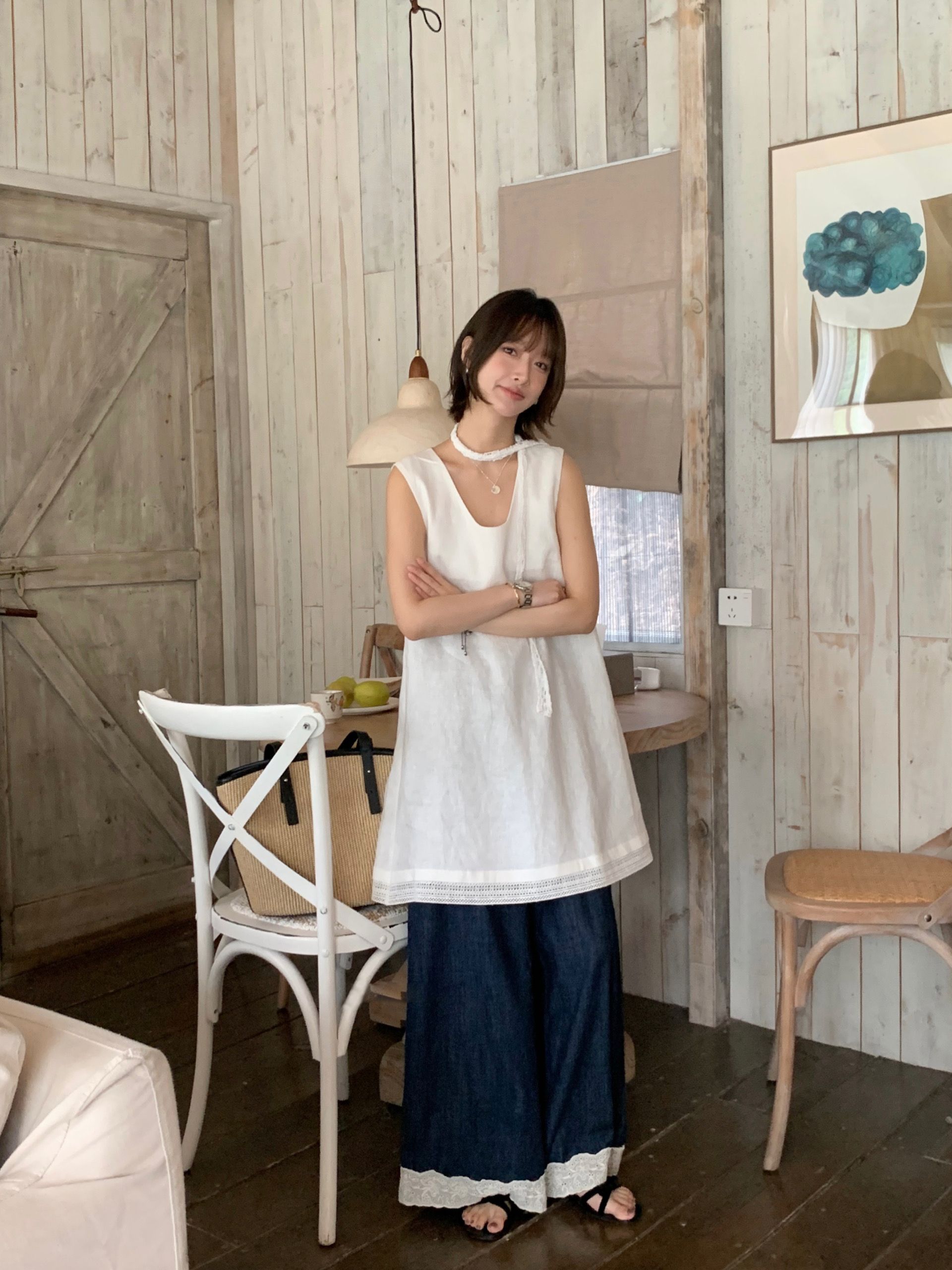 W配色蕾絲邊洋裝+蕾絲邊牛仔寬褲*2色25夏0612F04