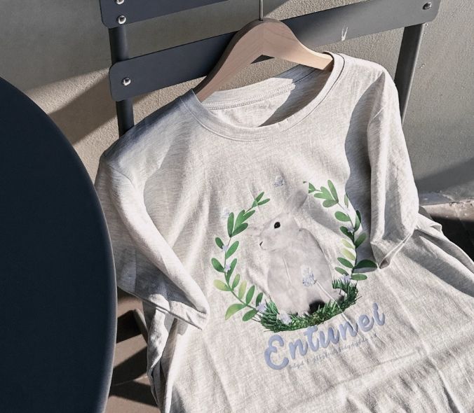 W純棉兔子插畫棉T*米灰25夏0612A04