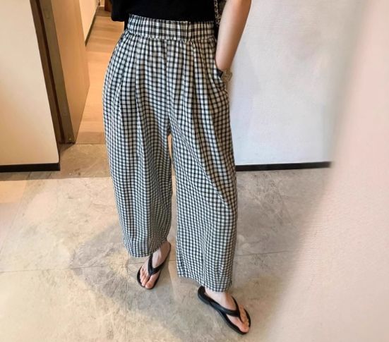 W復古高腰格紋闊腿褲*ML25夏0612A07