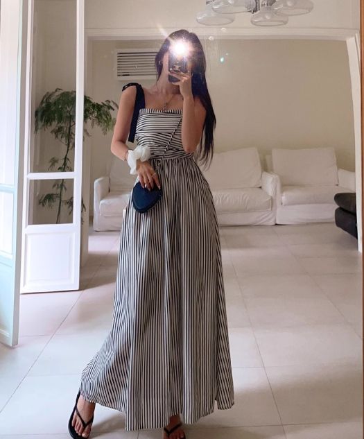 W氣質方領綁帶蝴蝶結條紋背心洋裝25夏0612A10