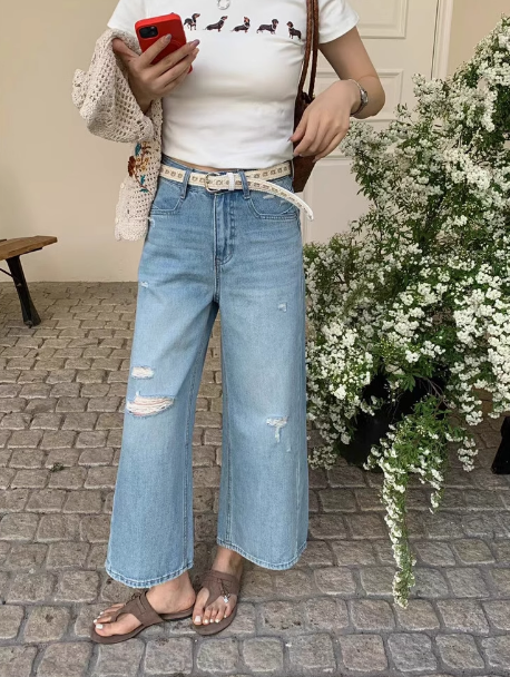 復古高腰破損寬版九分牛仔褲*2色SMLXL25夏0626F01