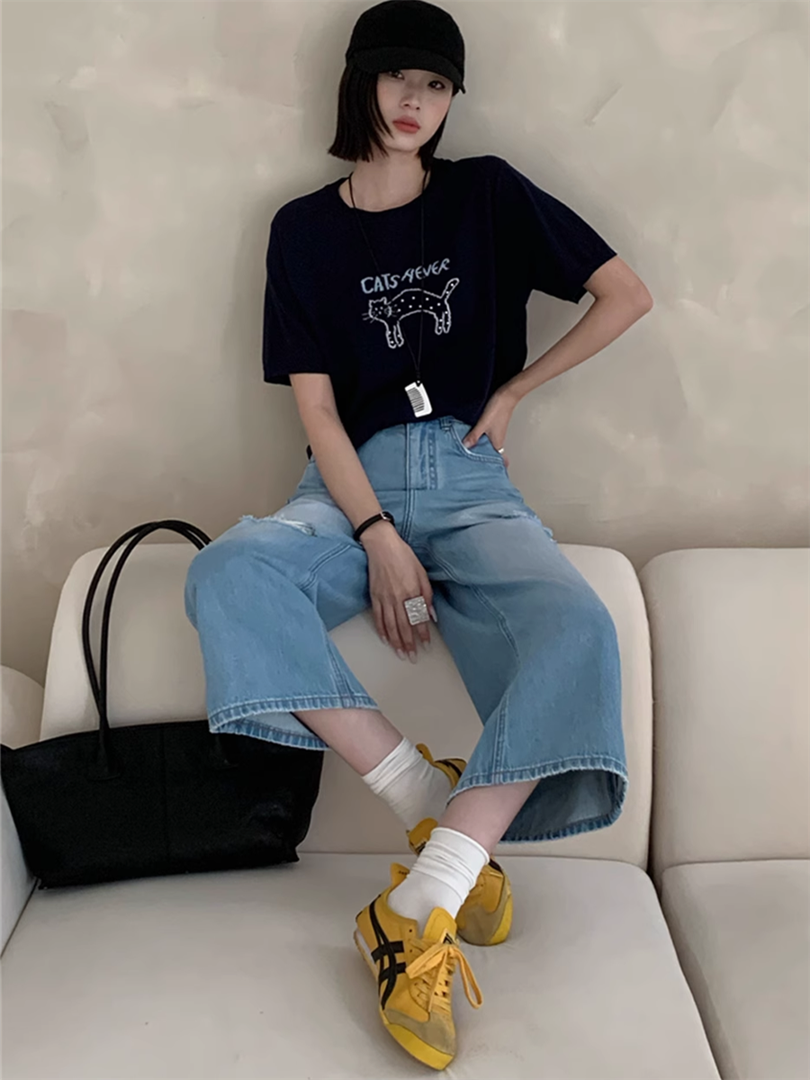 復古高腰破損抽鬚寬版九分牛仔褲*SMLXL25夏0626F02