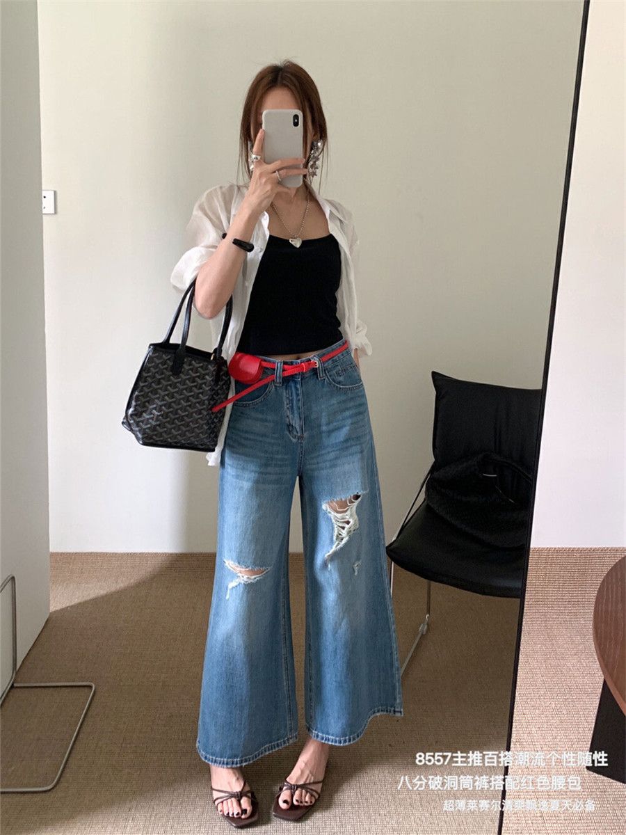 復古高腰破損抽鬚寬版深刷色九分牛仔褲*SMLXL25夏0626F03