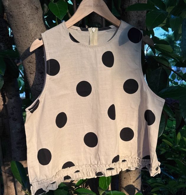 W法式波點圓點點花邊下襬棉麻背心*米杏25夏0612A05