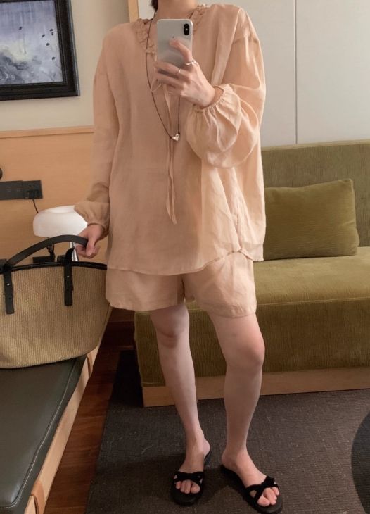 W荷葉滾邊綁帶遮陽防曬襯衫短褲套裝*3色25夏0626A02