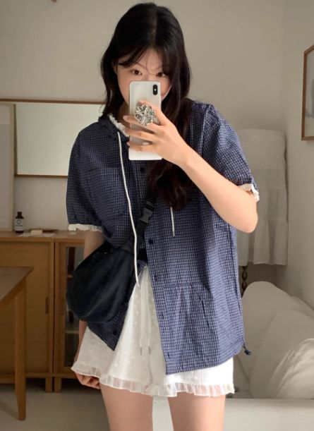 W荷葉滾邊抽繩格紋連帽襯衫外套*2色25夏0626A03