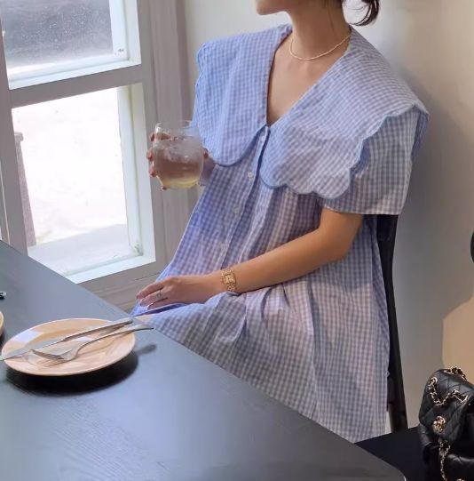 W花邊領領刺繡格紋娃娃襯衫25夏0626A08