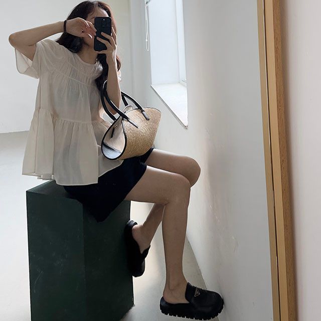 W法式氣質輕薄抓褶上衣*2色25夏0710F06