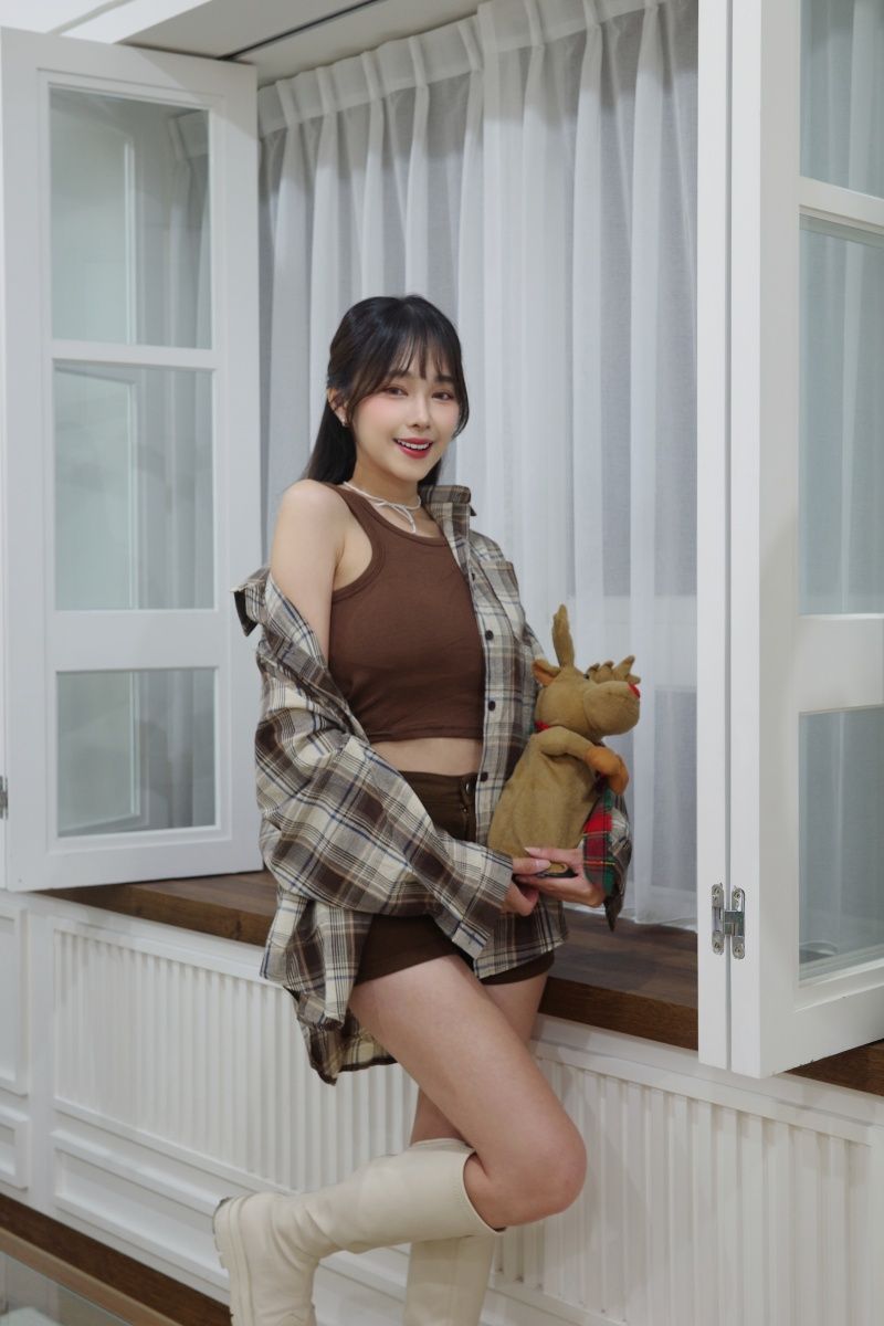 秋天格子襯三件套
