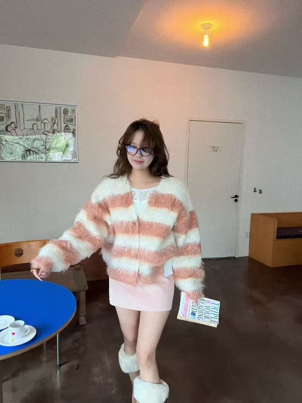 現貨🩵加厚板!!毛毛條紋針織外套