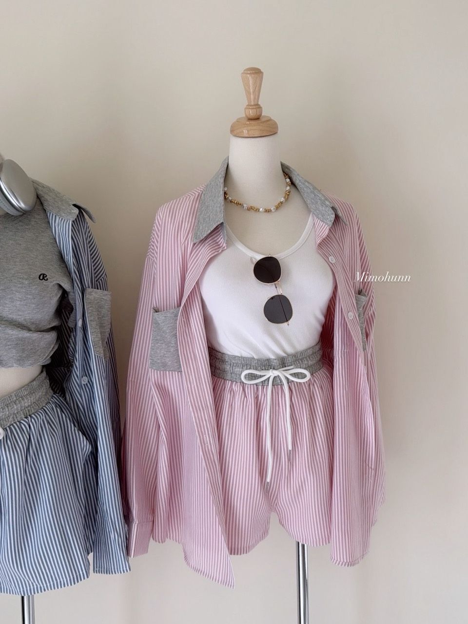 現貨秒出☁️撞色粉白條紋套裝