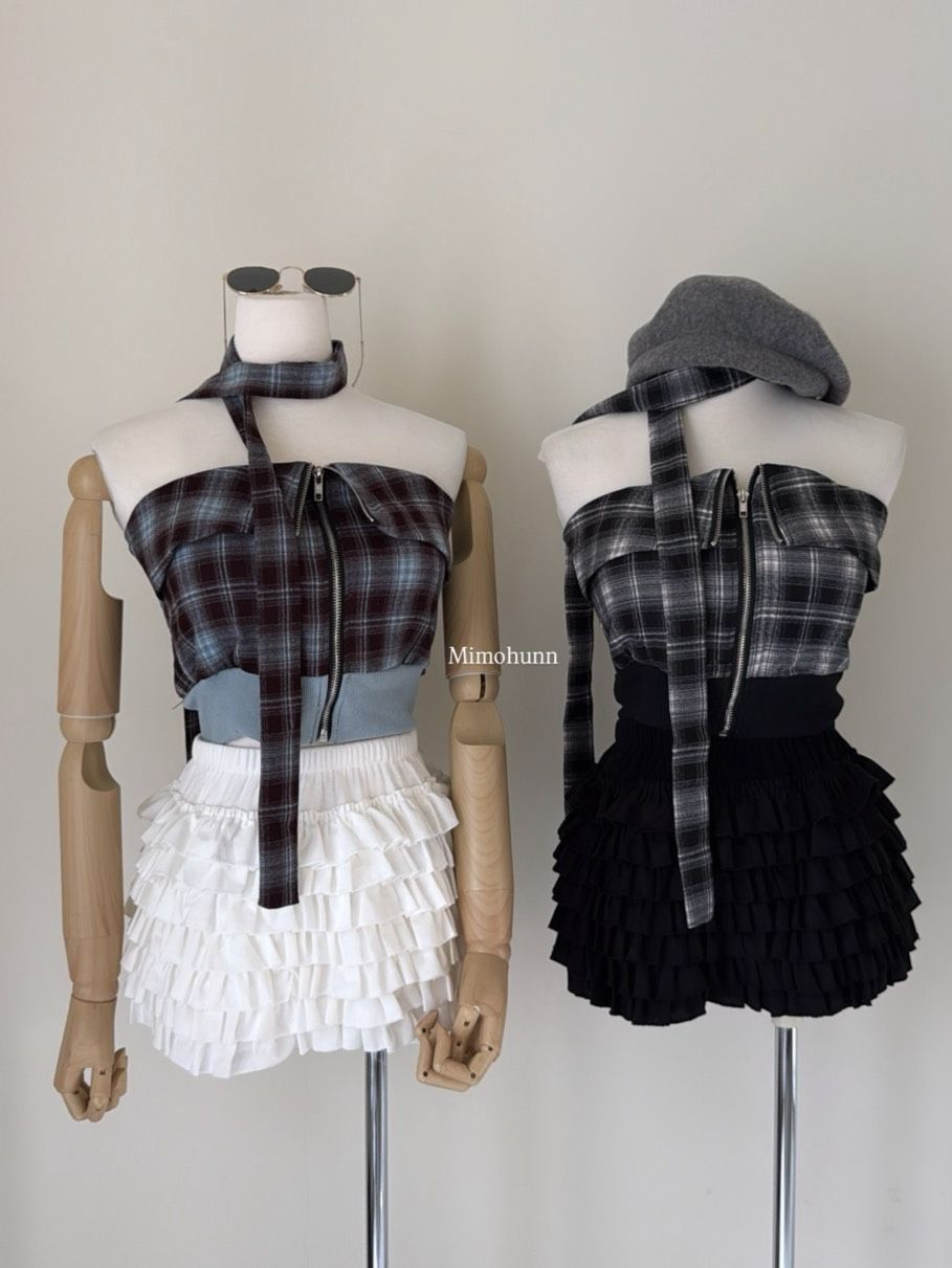 現貨秒出☁️格紋抹胸繞脖上衣 咖藍