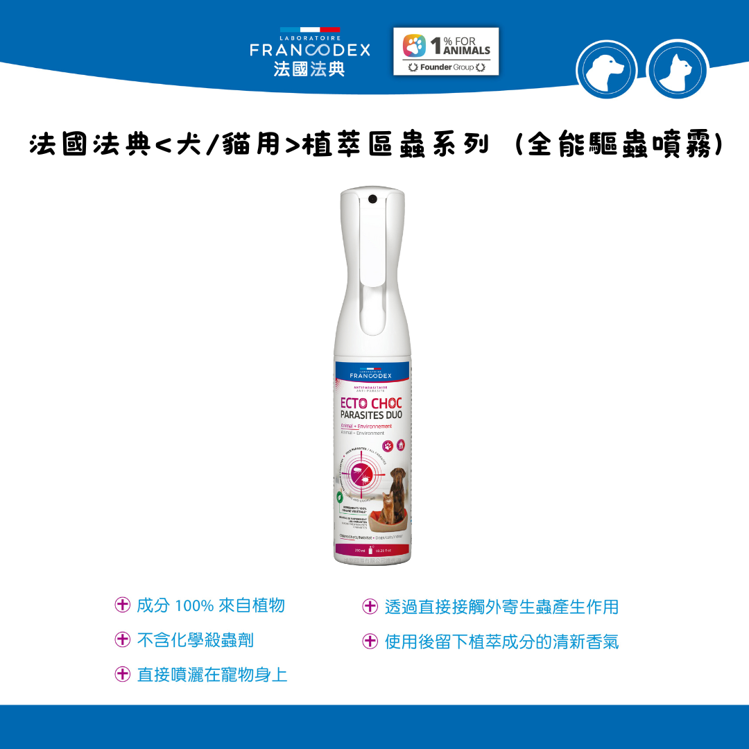貓貓狗狗都適用「法國法典Francodex」全能驅蟲噴霧290ml