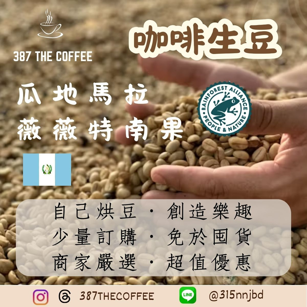 【387 The Coffee】✨2025全新批次各國咖啡生豆✨｜瓜地馬拉｜雨林認證｜薇薇特南果｜一公斤販售｜精緻嚴選