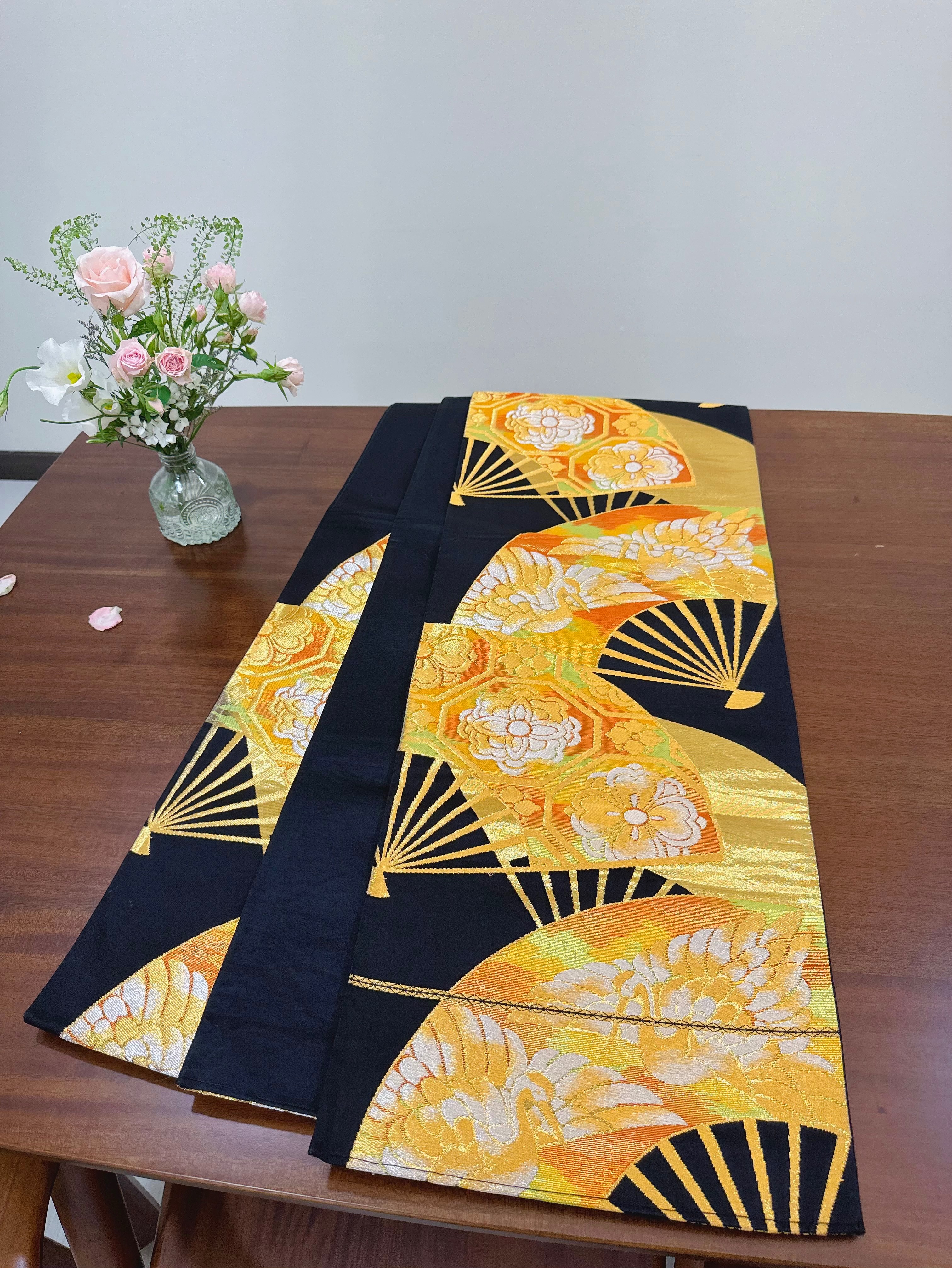 金鶴扇黑底和服腰帶