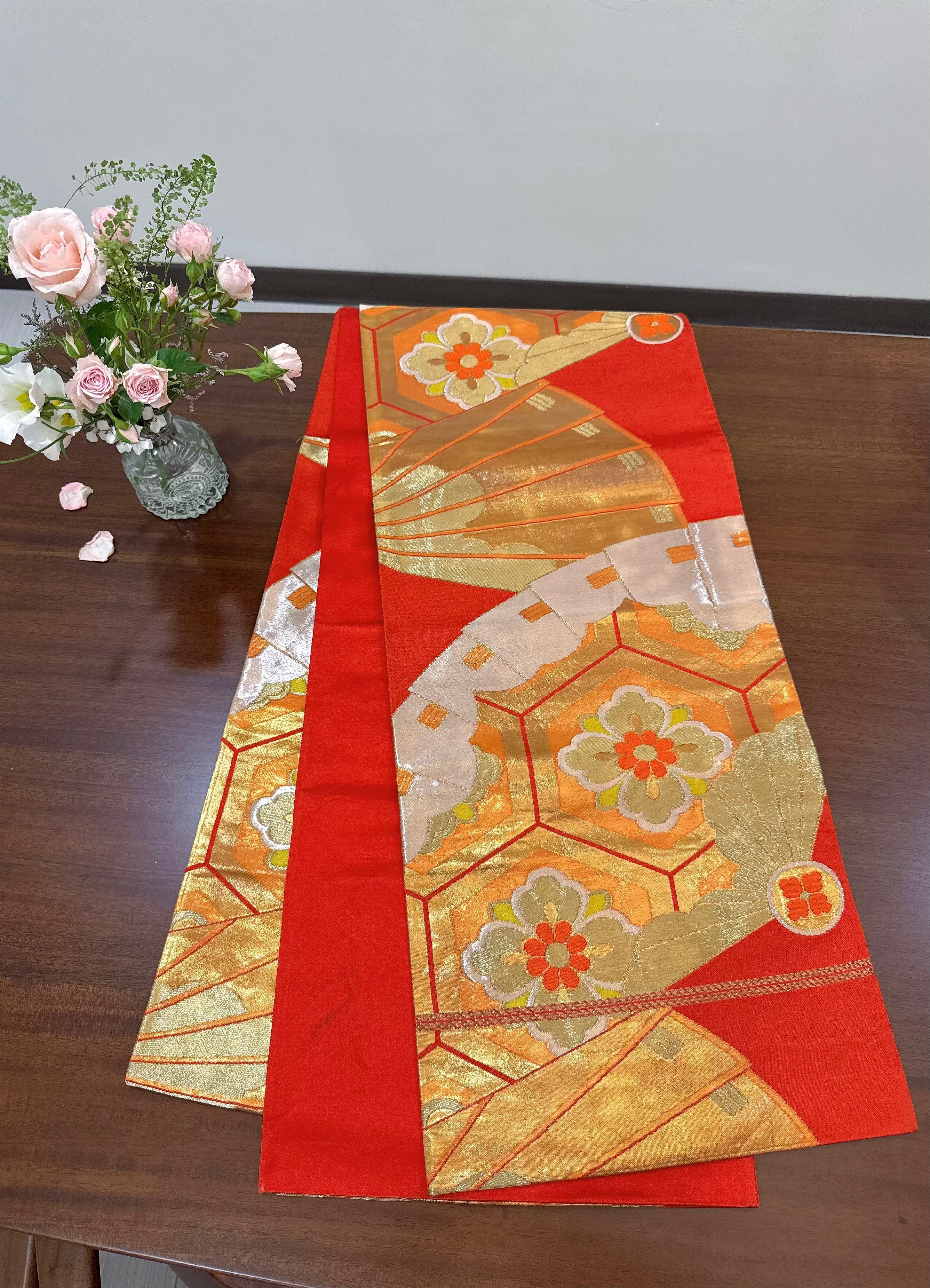 金扇暗紅和服腰帶